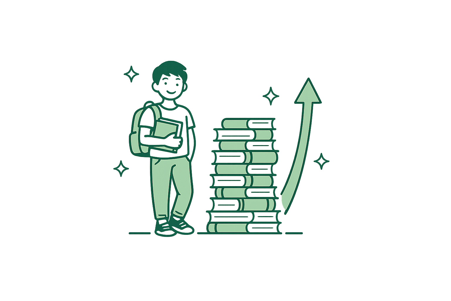 Confident student beside a stack of books and an upward arrow